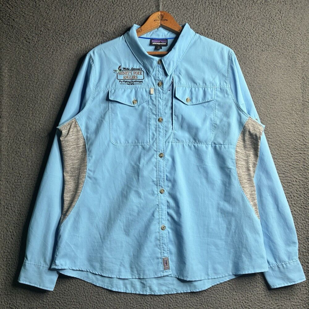 Patagonia Sol Patrol Shirt Women's XL Blue Roll Tab Sleeve Zip Pockets Gorpcore